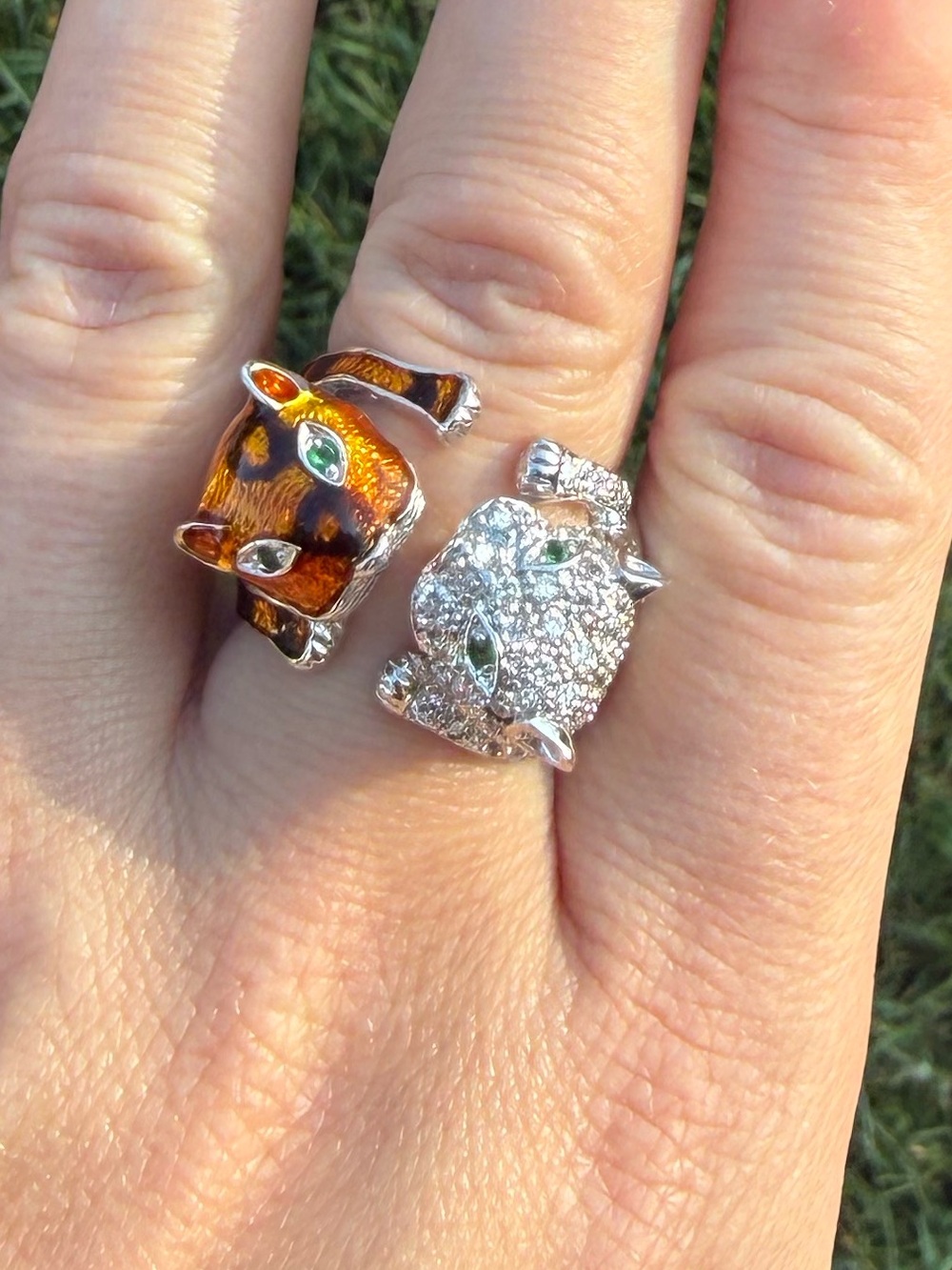 Sterling Silver Panther and Tiger Enamel and Pave Crystal Bypass Ring size 8